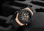 Mens Rose Gold Silicone Sports Watch – 46mm Hollow Dial for Daily Fashion