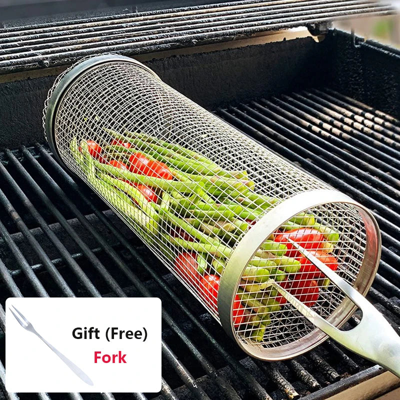 Stainless Steel Rolling Grill Basket – Cylindrical Mesh Rack for BBQ Camping