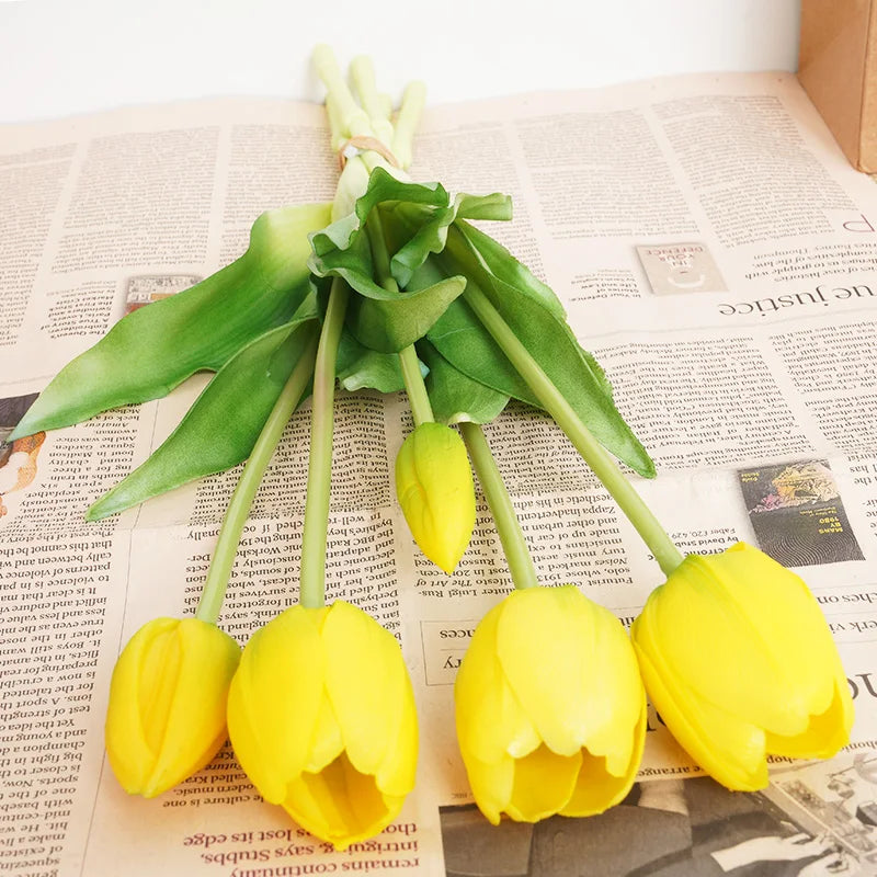Silicone Real Touch Tulip Bouquet – Artificial Five-Head Flower for Home Decor