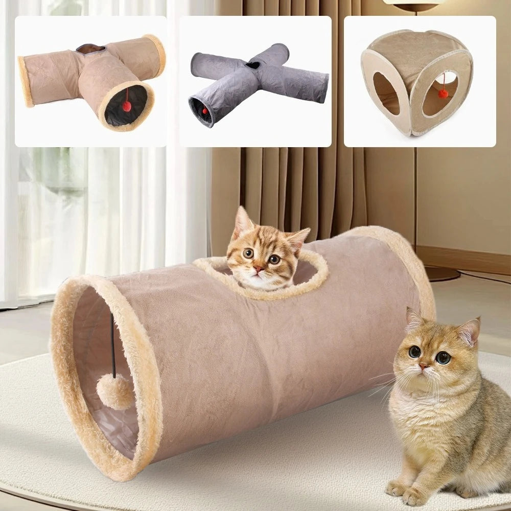 Foldable Suede Cat Tunnel – Porous Interactive Tube for Pet Entertainment