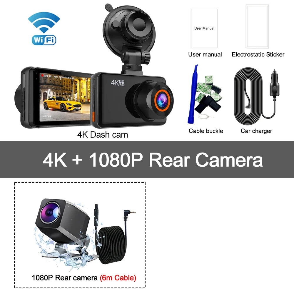 4K Dash Cam – Front and Rear WiFi Video Recorder for Vehicle Parking Safety