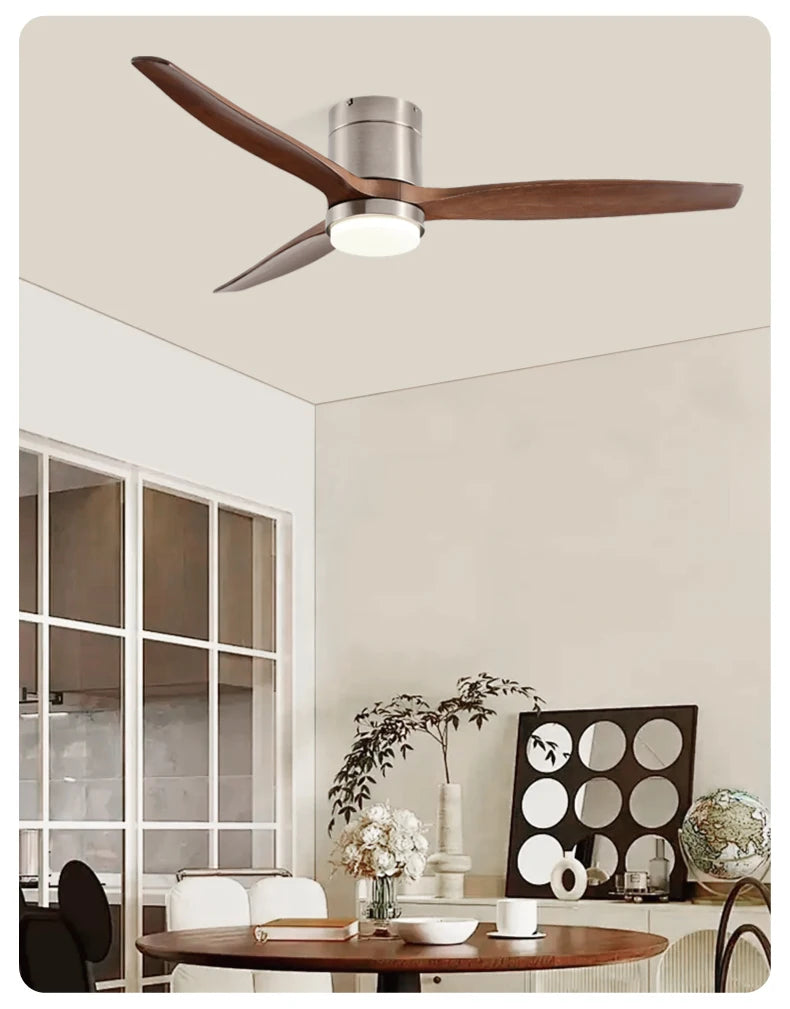 Solid Wood Ceiling Fan – 42/52 Inch LED Light for Living Room Dining