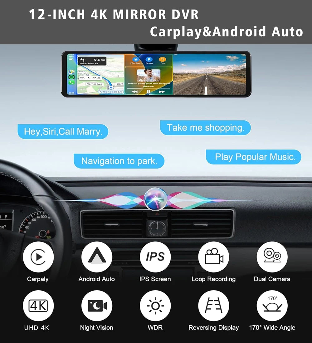 12-Inch 4K Mirror Dash Cam – Wireless CarPlay Android Auto for Car Navigation