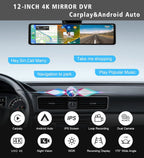 12-Inch 4K Mirror Dash Cam – Wireless CarPlay Android Auto for Car Navigation