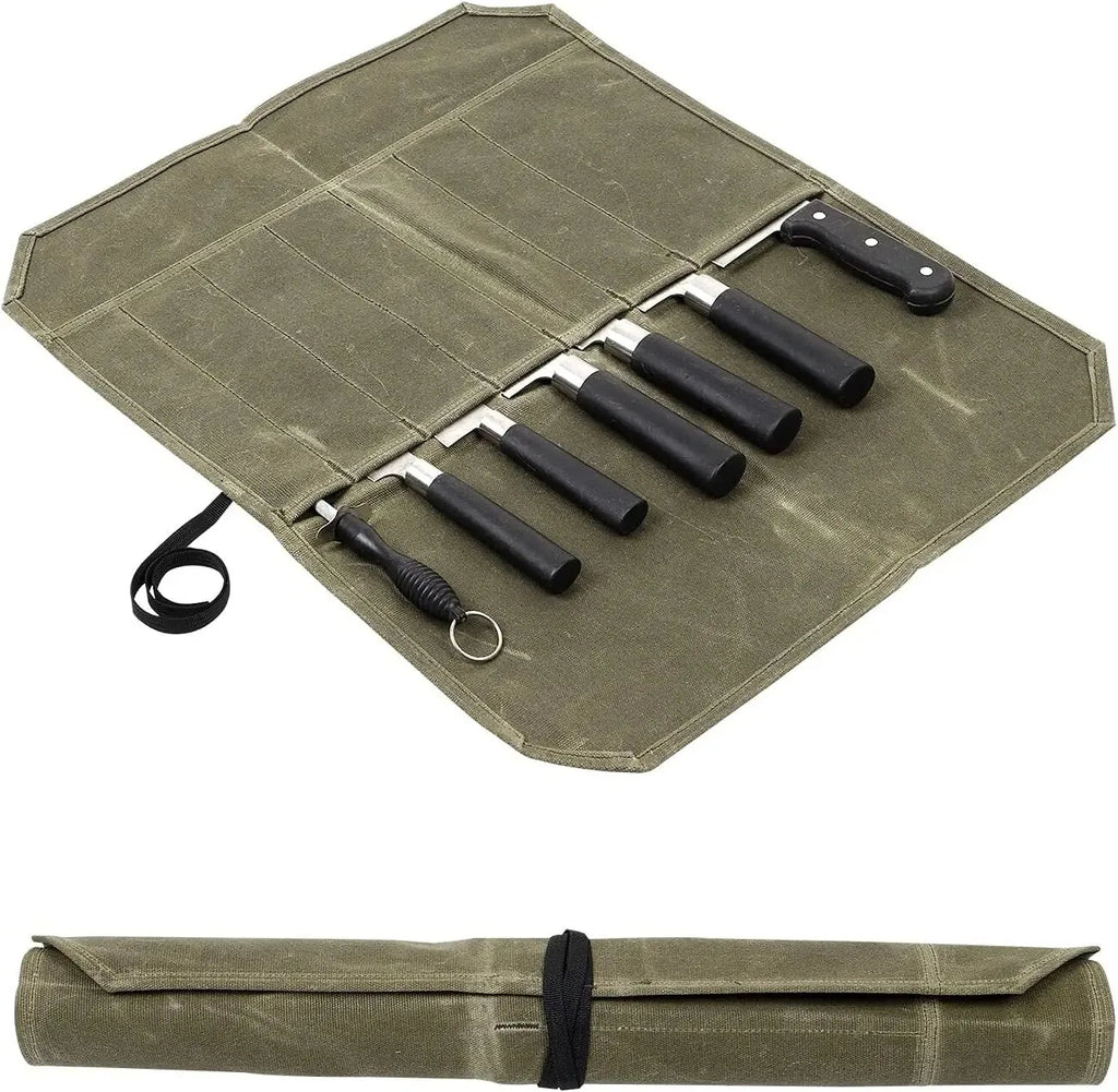 Waxed Canvas Knife Roll Bag – Portable Chef Storage for Camping and BBQ