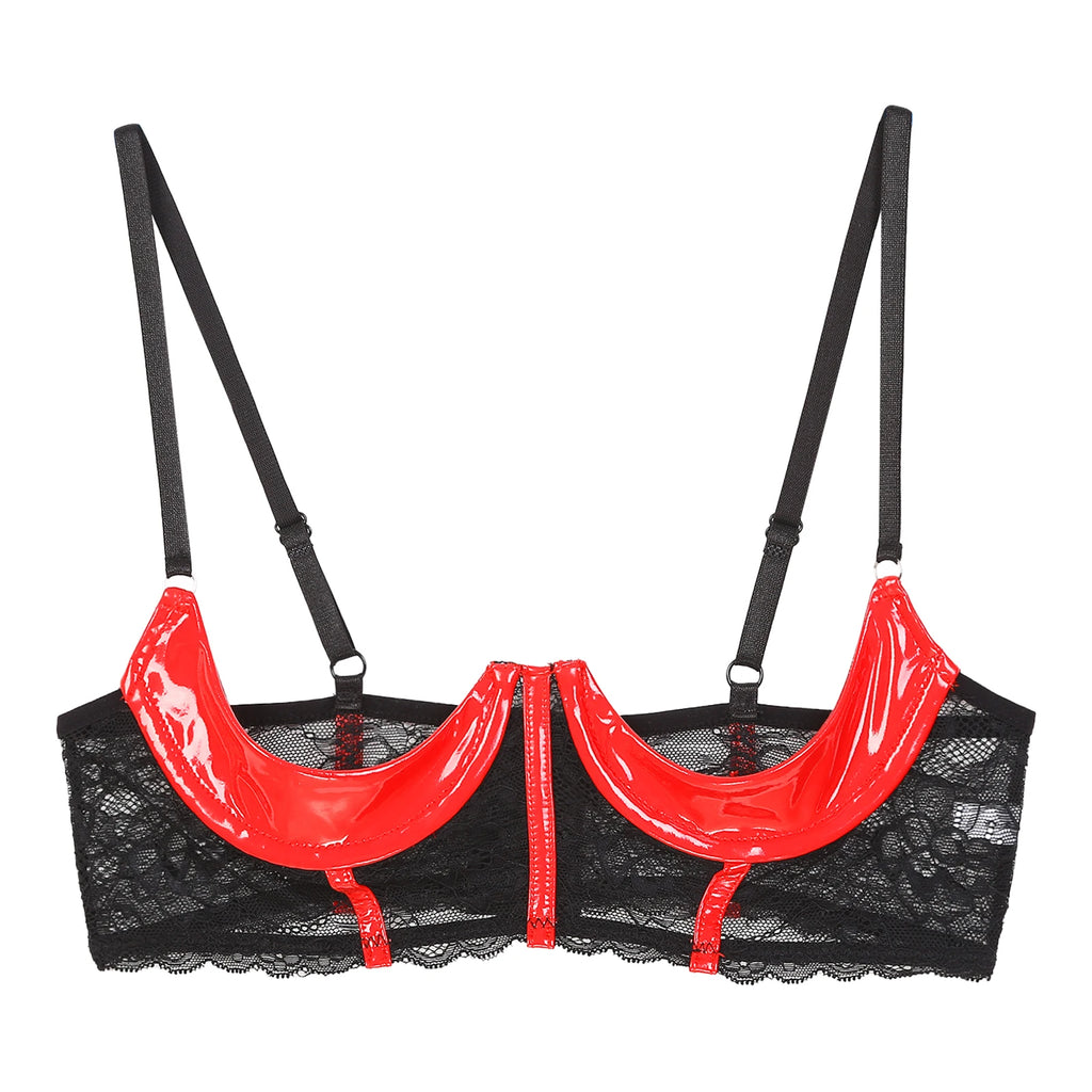 Wetlook Leather Push Up Bralette – Underwire Lace Lingerie for Sexy Cosplay
