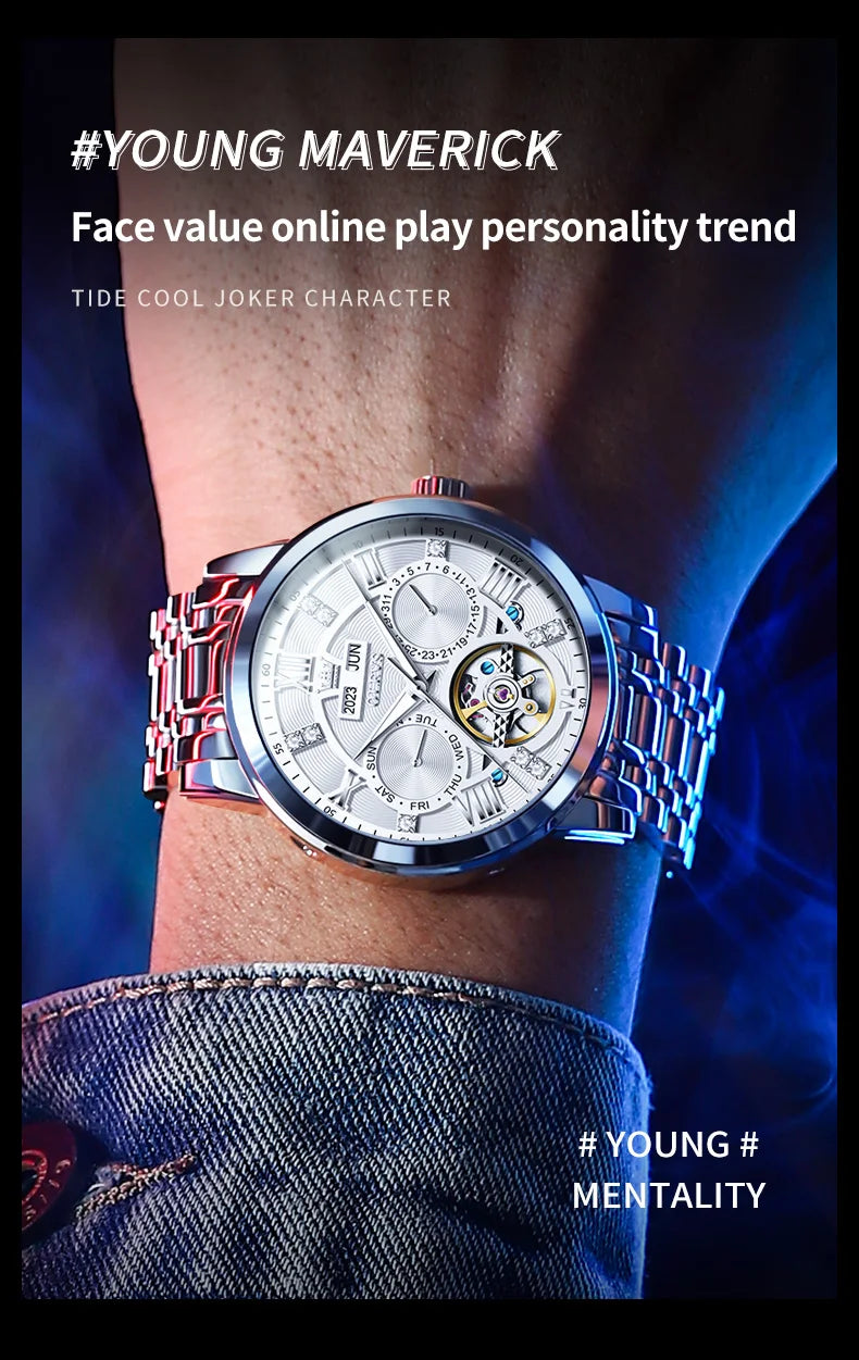 OLEVS Automatic Mechanical Watch – Skeleton Flywheel for Men's Business Wear