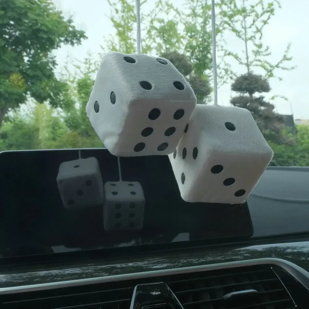 Fuzzy Dice Hanging Ornament – Plush Soft Dots for Car Rear View Mirror Decor