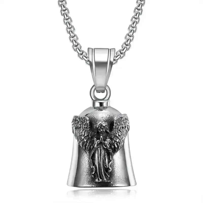 Vintage Jesus Cross Bell Pendant – Religious Biker Necklace for Men