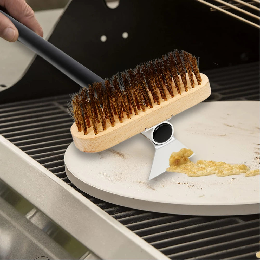 Brass Bristle Pizza Oven Brush – Long Wooden Handle for Kitchen Grill Cleaning