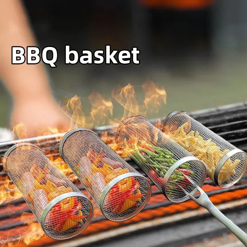 Stainless Steel Rolling Grill Basket – Cylindrical Mesh Rack for BBQ Camping