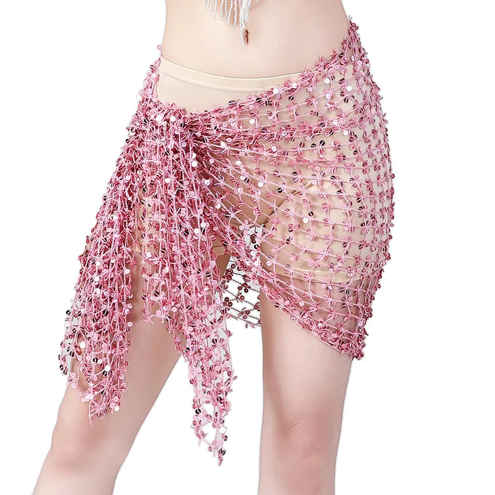 Pink mesh beaded hip scarf wrapped over nude shorts, ideal for dance or beachwear.