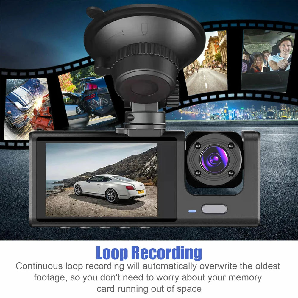Triple Lens Car Dash Cam – 1080P 3-Channel Video Recorder for Vehicle Security
