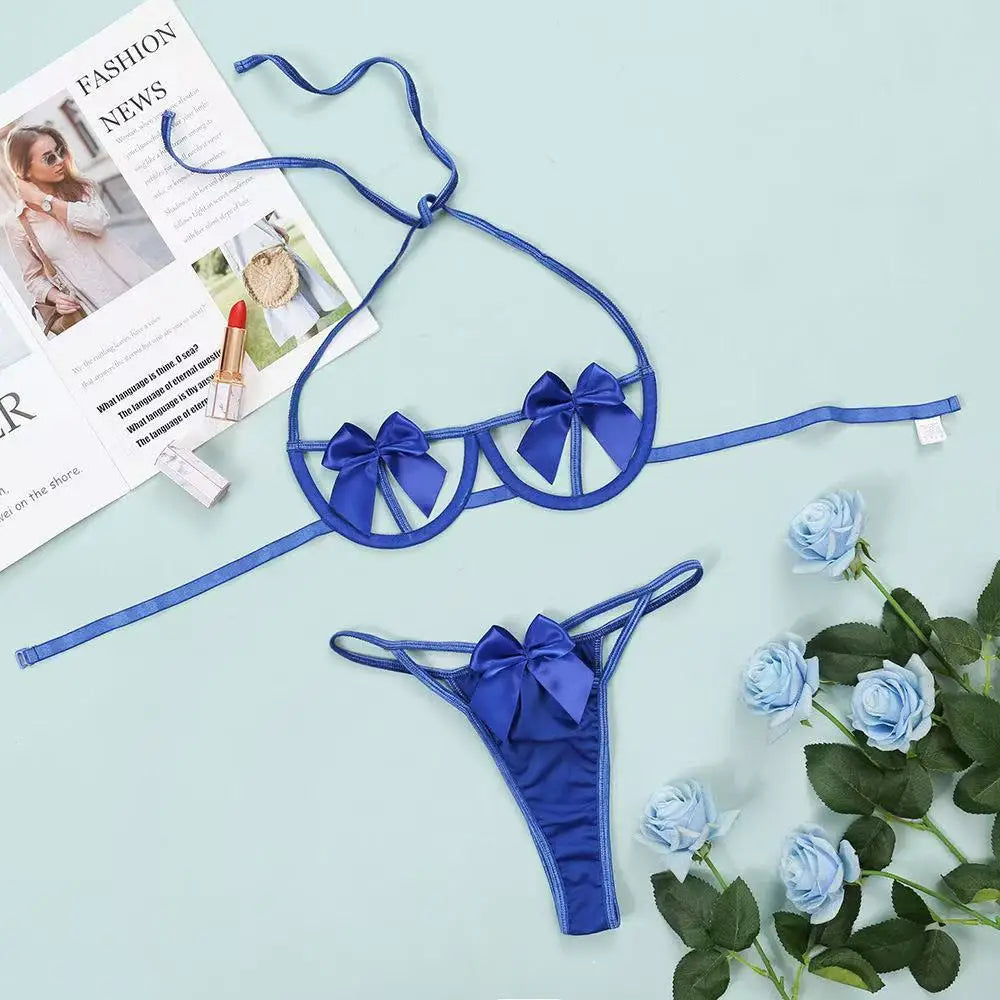 Bow Knot Lingerie Set – Hollow Out Halter Underwear for Sexy Nightwear