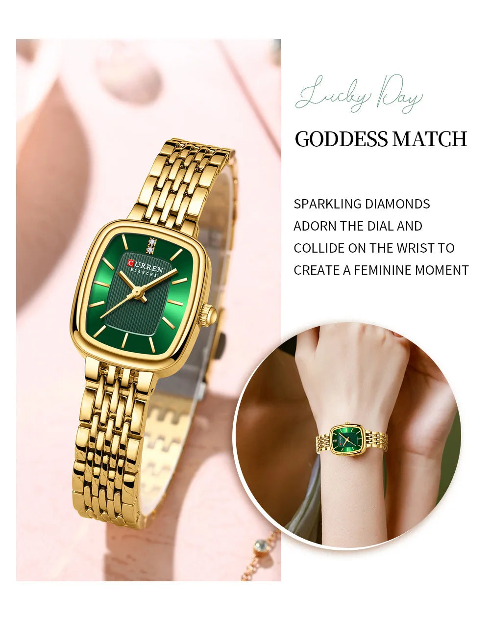 Gold Stainless Steel Quartz Watch – Elegant Square Dial for Business Fashion