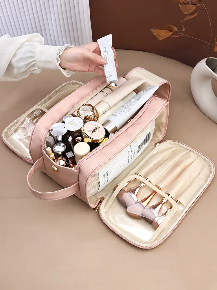 Large PU Leather Makeup Bag – Double Zipper Organizer for Travel Toiletries