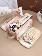 Large PU Leather Makeup Bag – Double Zipper Organizer for Travel Toiletries