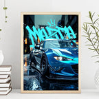 Abstract JDM Sports Car Canvas Wall Art – Blue Miata Supra E36 Print for Home Decor