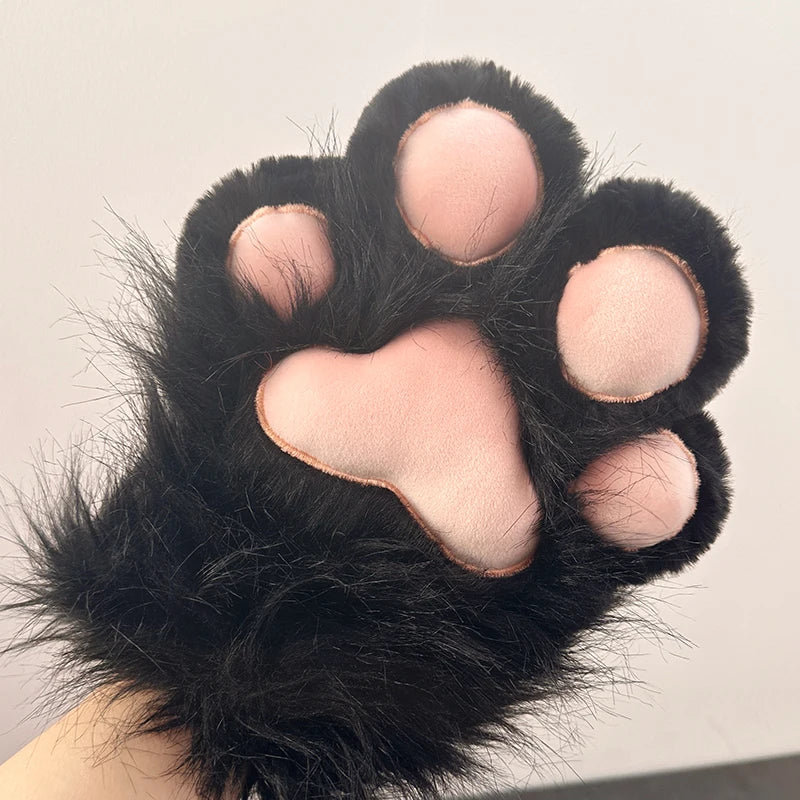 Plush black cat paw glove with pink paw pads for costume or cosplay accessories