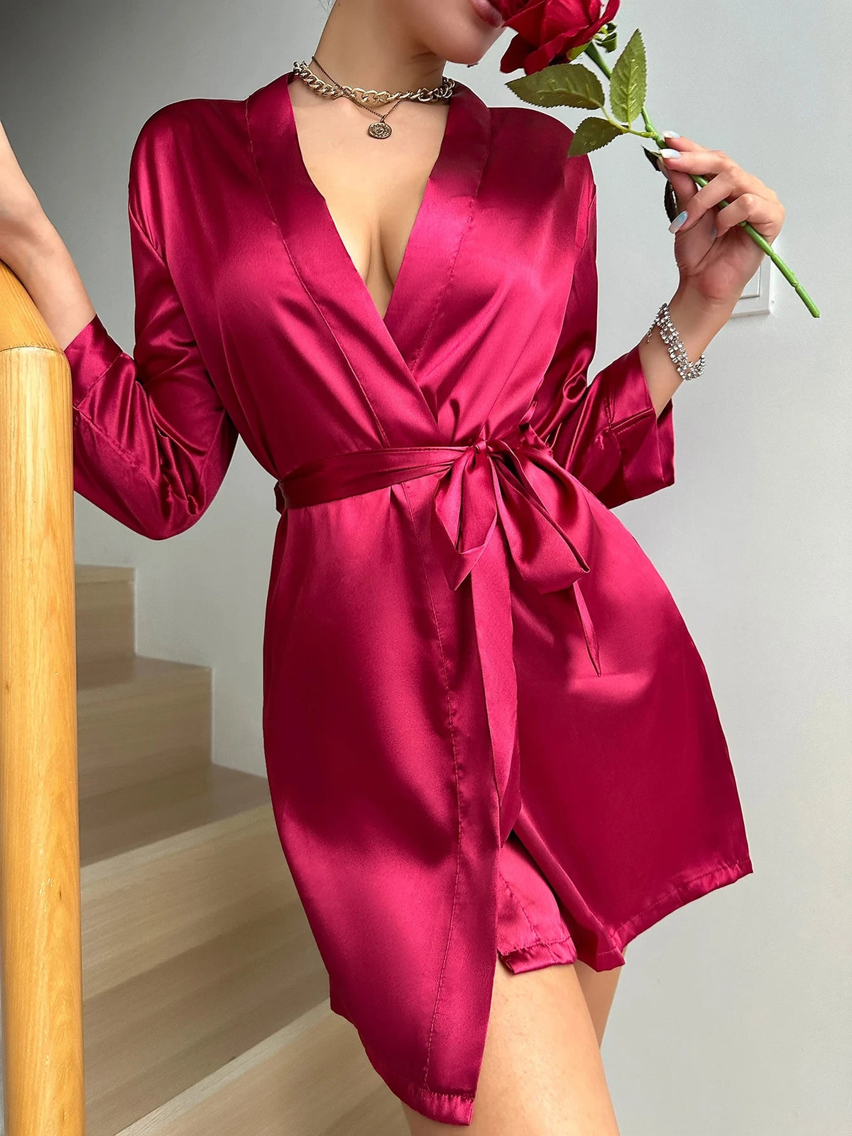 Satin Long Sleeve V-Neck Robe – Women's Silk-Feel Sleepwear Loungewear
