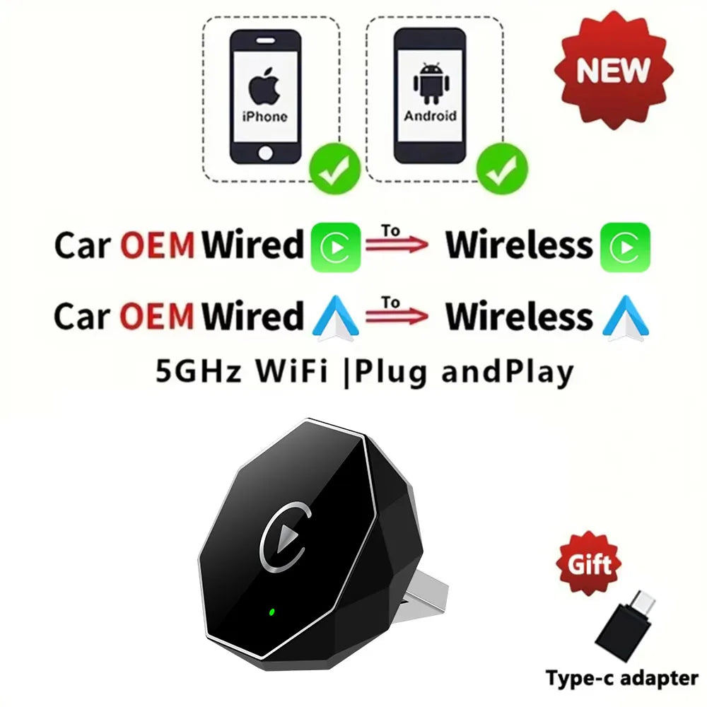 Wireless CarPlay Adapter – 2-in-1 USB Dongle for Apple iPhone and Android Auto