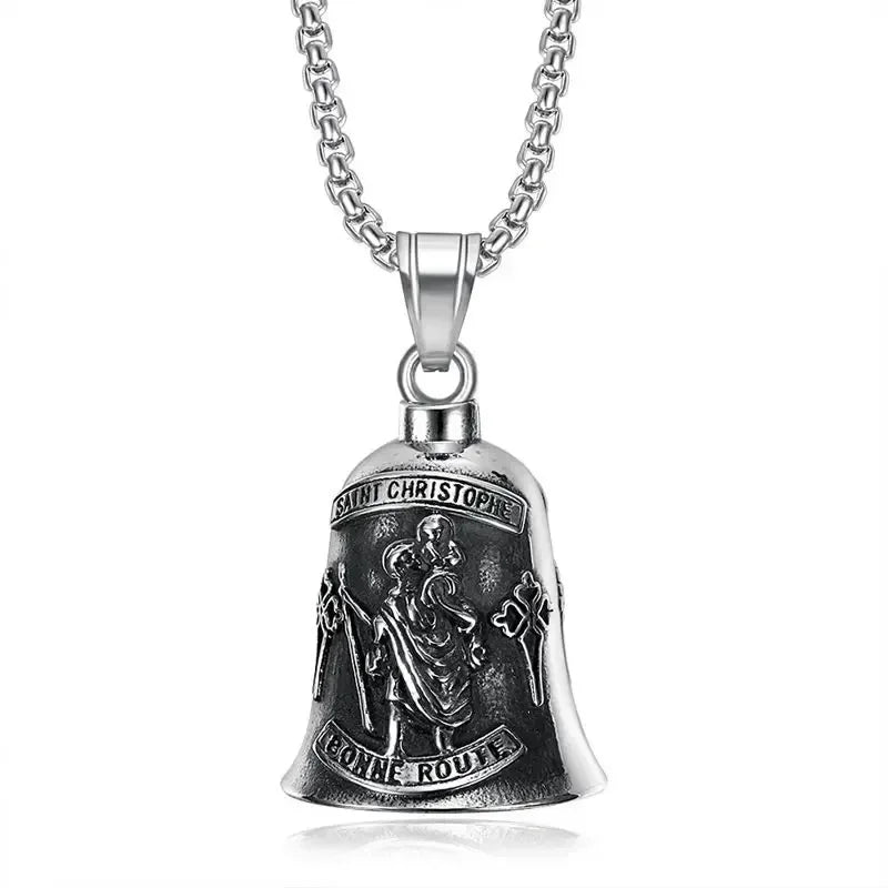 Vintage Jesus Cross Bell Pendant – Religious Biker Necklace for Men