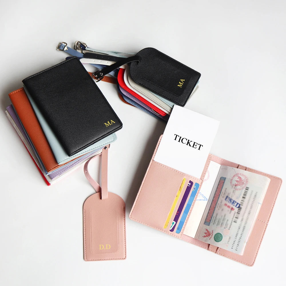Custom Name Passport Cover Set – Personalized Leather Luggage Tag for Travel