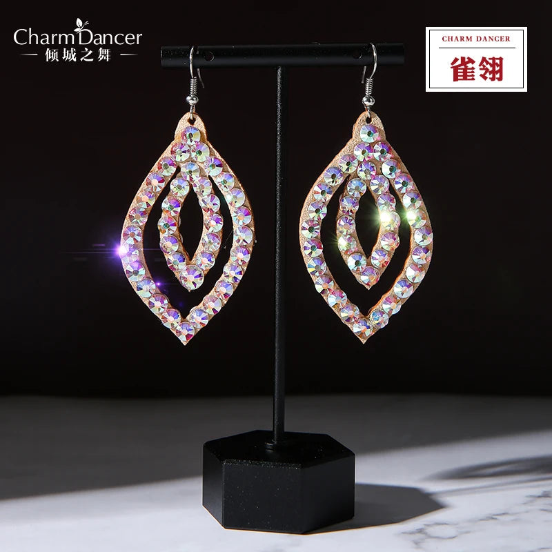 Iridescent crystal rhinestone drop earrings on display stand, elegant jewelry for women