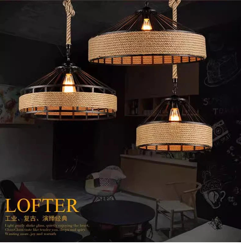 Industrial Hemp Rope Pendant Lamp – Antique Iron Chandelier for Dining Room