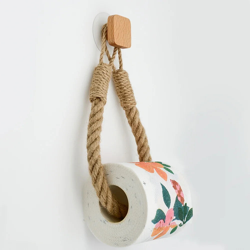 Adhesive Hemp Paper Towel Holder – Wall Mounted Rack for Bathroom Storage