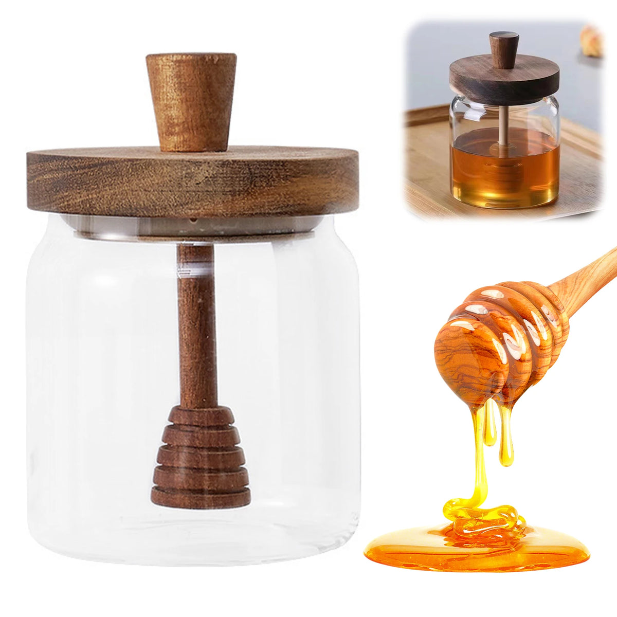 Glass Honey Dispenser – Wide Mouth Jar with Dipper for Syrup Storage