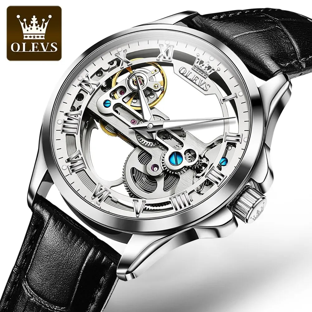 Automatic Skeleton Mechanical Watch – Leather Strap for Luxury Mens Formal Wear
