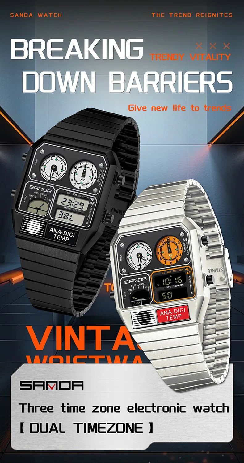 Square Stainless Steel Digital Watch – Temperature Gauge for Men's Sports