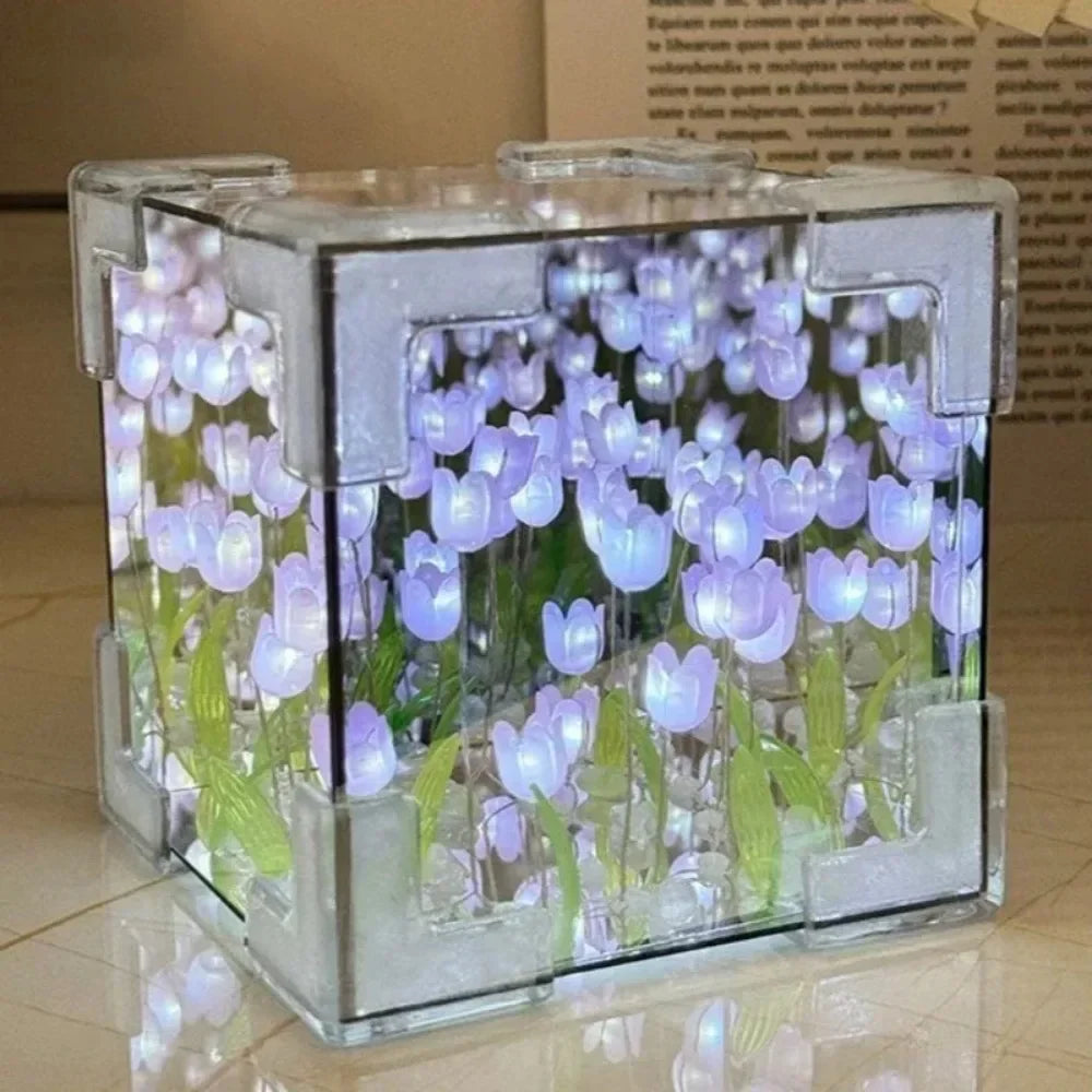 DIY Tulip Flower Sea Cube Night Lamp – Handmade Creative Gift for Girlfriend