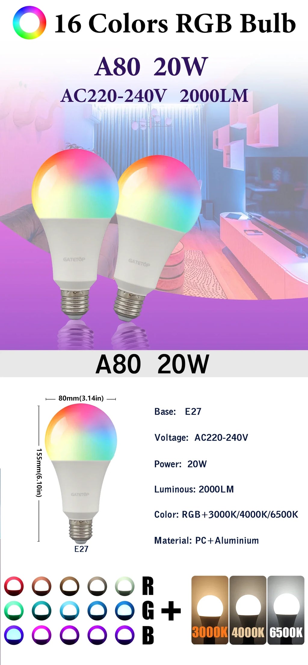 RGB LED Light Bulb – Dimmable 16 Color Remote for Home Bedroom Decor