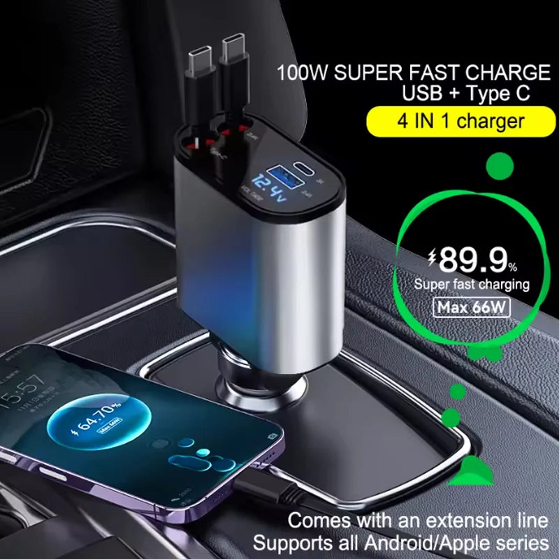Retractable Car Charger – 120W Fast Charging Adapter for Mobile Devices