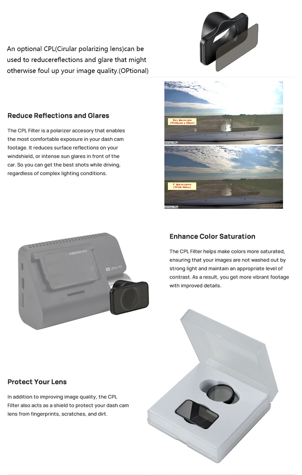 CPL Polarizing Camera Filter – Anti-Glare Lens Protection for 70mai Dash Cams