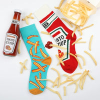 Printed Food Novelty Socks – Ketchup and Fry Mid-Calf Crew for Cosplay
