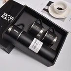 Black stainless steel vacuum flask and two cups set in gift box, 500ml capacity, modern design