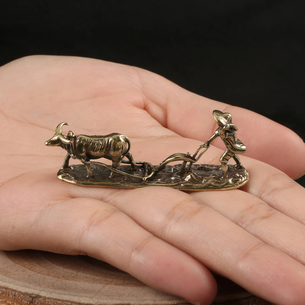 Bronze Farmer and Cow Statue – Vintage Metal Figurine for Home Decor