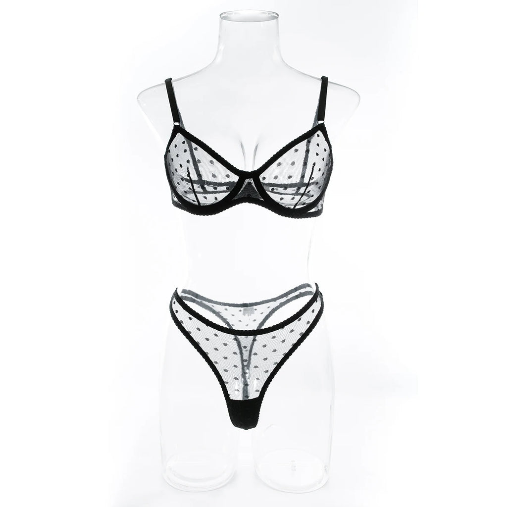 Polka Dot Mesh Lingerie Set – Sheer Underwire Bra and G-String for Women