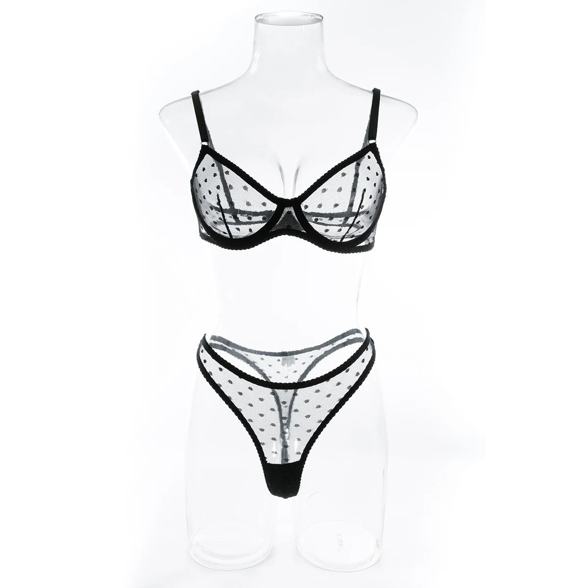 Polka Dot Mesh Lingerie Set – Sheer Underwire Bra and G-String for Women