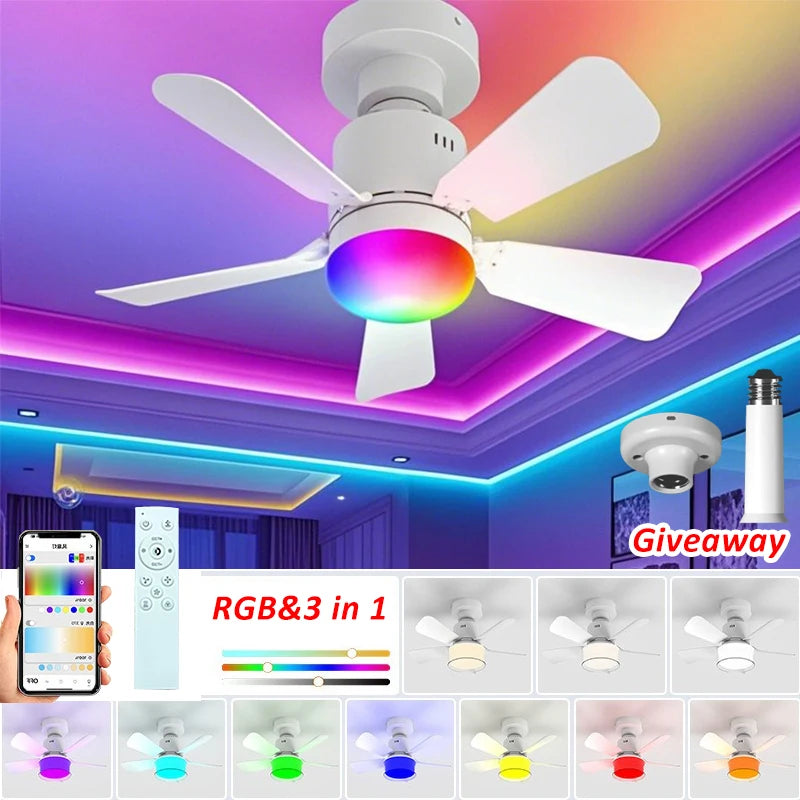 Smart RGB Ceiling Fan – E27 Bluetooth Lamp for Bedroom Decor