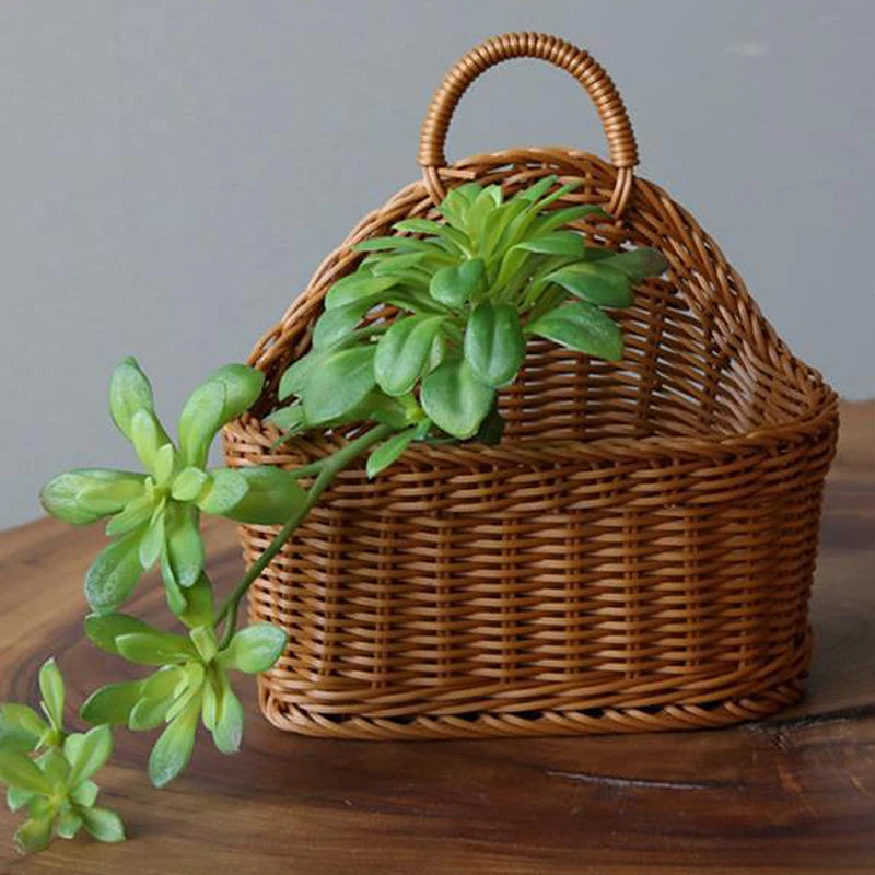 Wall Mounted Rattan Basket – Decorative Plastic Storage for Kitchen Home