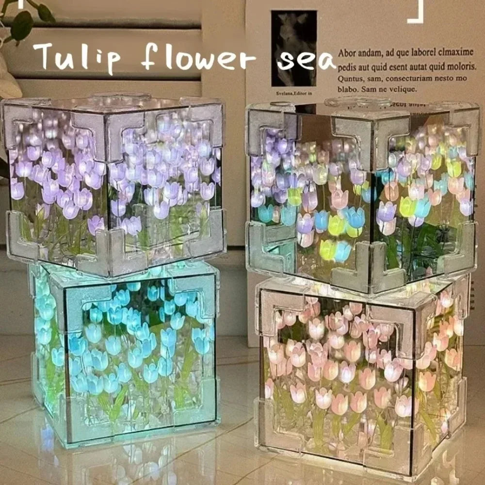 DIY Tulip Flower Sea Cube Night Lamp – Handmade Creative Gift for Girlfriend