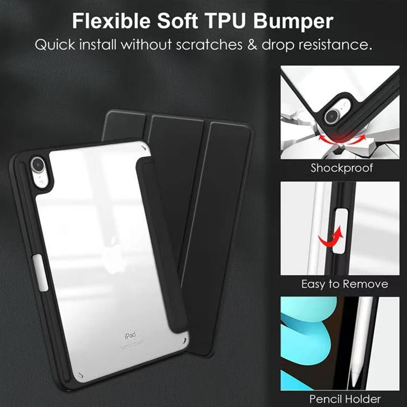 Acrylic Flip Tablet Case for iPad Mini 6 and 7 – Protective Cover with Pencil Holder