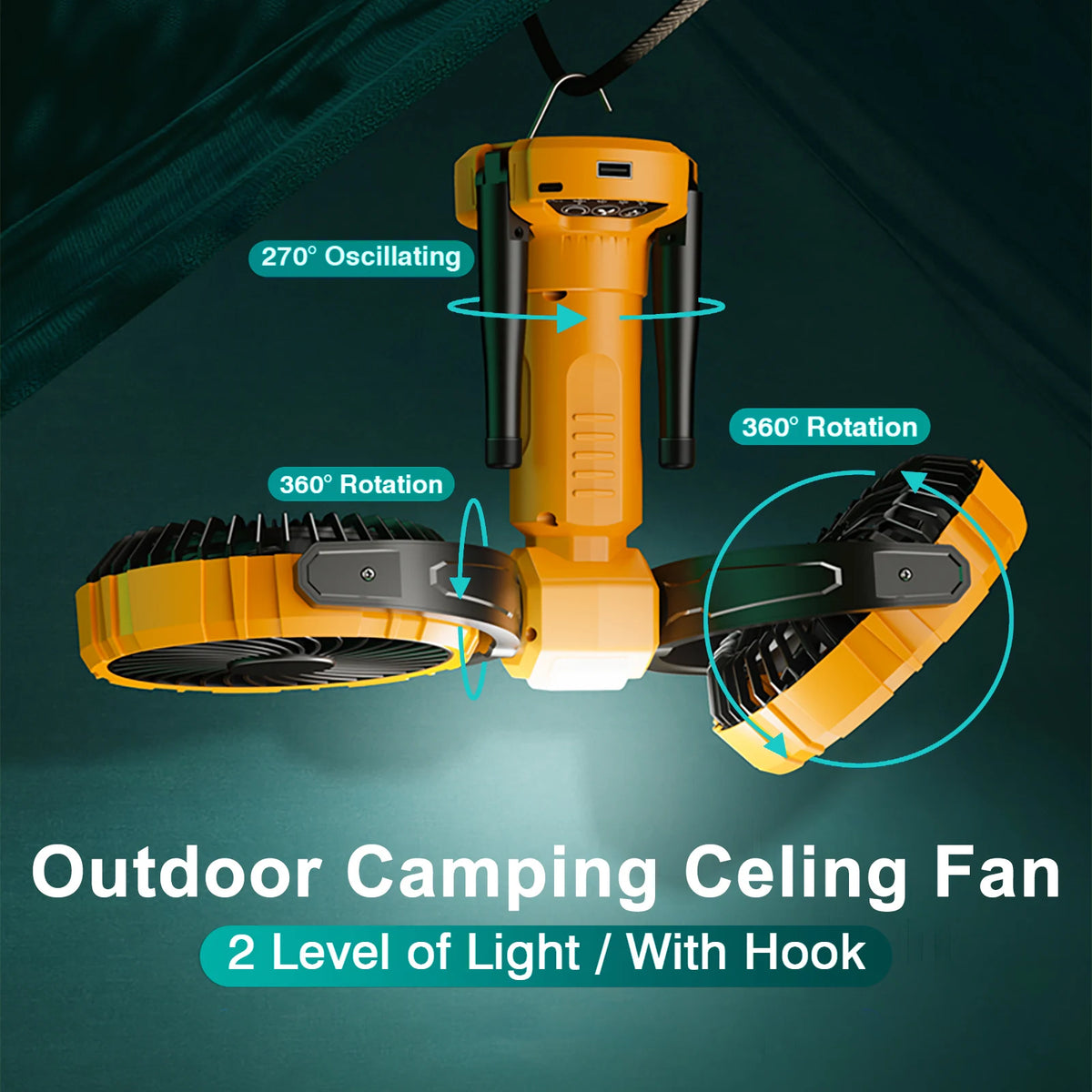 Portable Camping Fan – Dual Head Battery Powered Air Cooler for Outdoor Tents