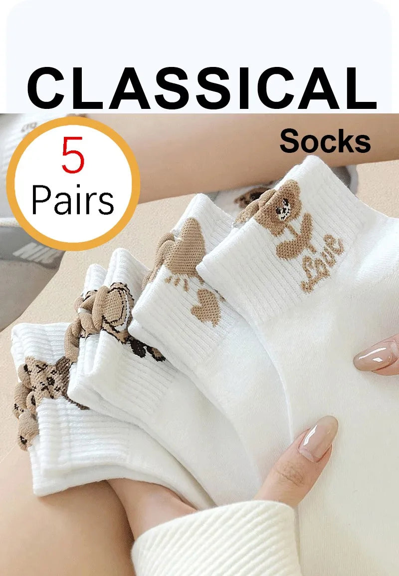 Cartoon Teddy Bear Ankle Socks – Breathable Cotton Casual Footwear for Women