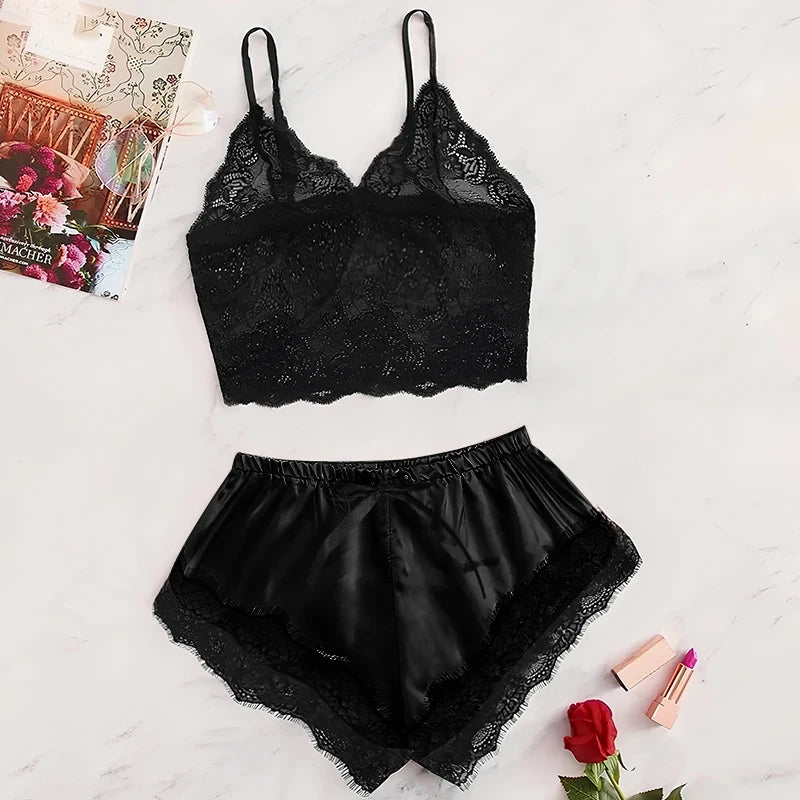 Lace See-Through Pajamas – Suspender Shorts Set for Women Summer Sleepwear