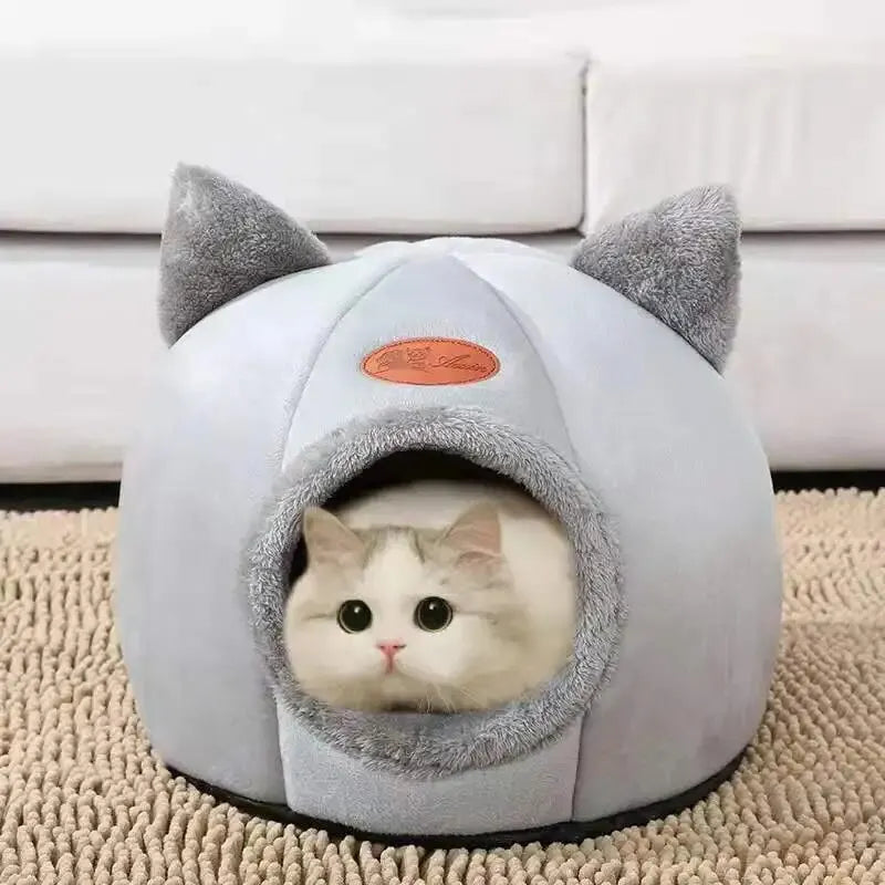 Plush Cat Shape Bed – Semi-Closed Warm Cave for Pet Sleeping